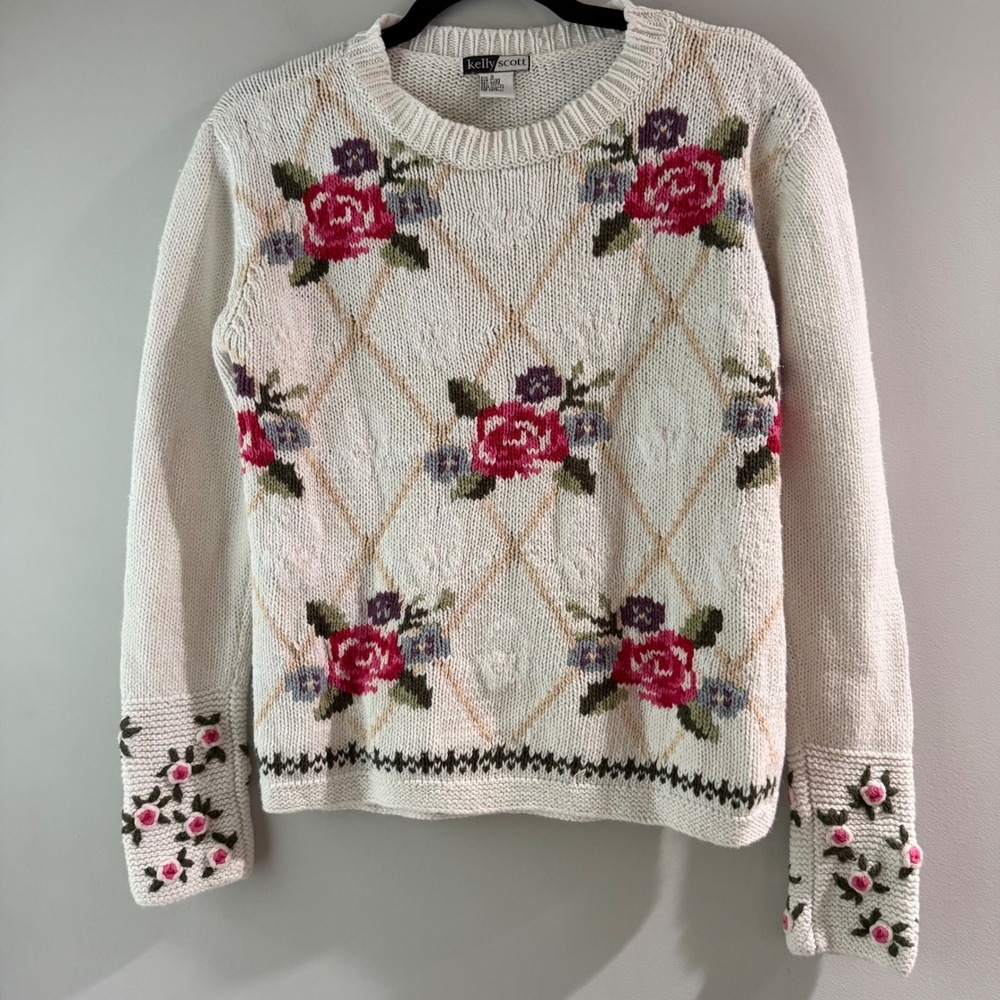 Vintage Kelly Scott Floral Sweater Womens Small Cream Rose Embroidered Excellent